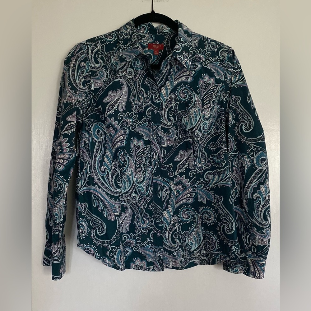 Talbots Paisley Button-Up Shirt in Teal and White